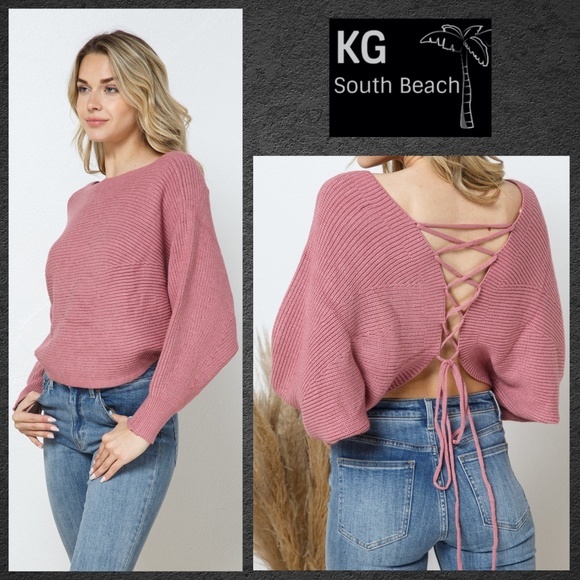 KG South Beach Collection Sweaters - KGSB Collection Sexy Cropped Sweater With Dolman Sleeves & Laced Up Open Back